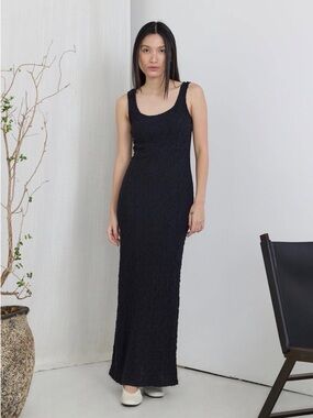 Claudia Dress - Black Textured Tank Maxi With Back Slit